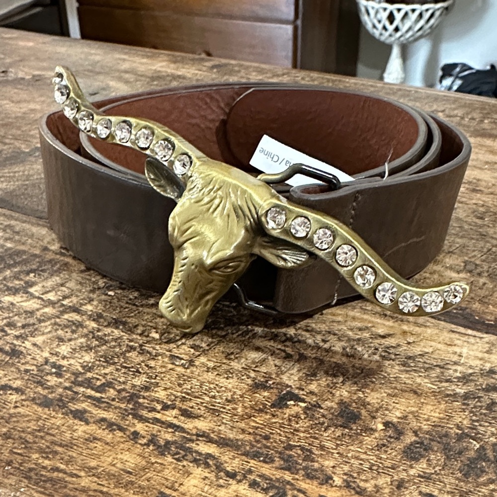Vintage western Brown Belt with brass color and crystal  Bull Head Buckle